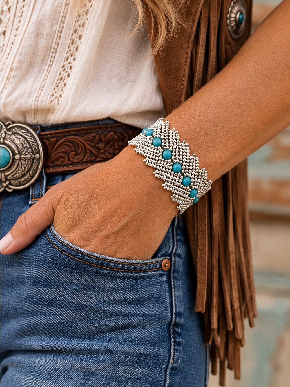 Hand Crafted Turquoise Crystal Silver-Tone Bracelet